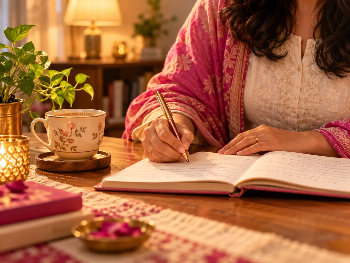 A woman writing in a journal beside a cup of chai in warm evening light