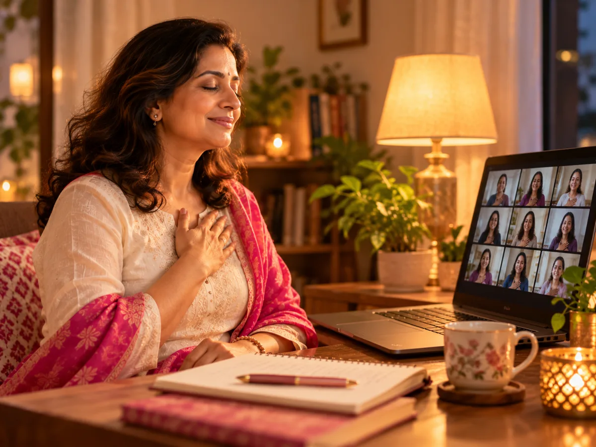 A woman with her hand on her heart during a live online group session, the group on her laptop screen