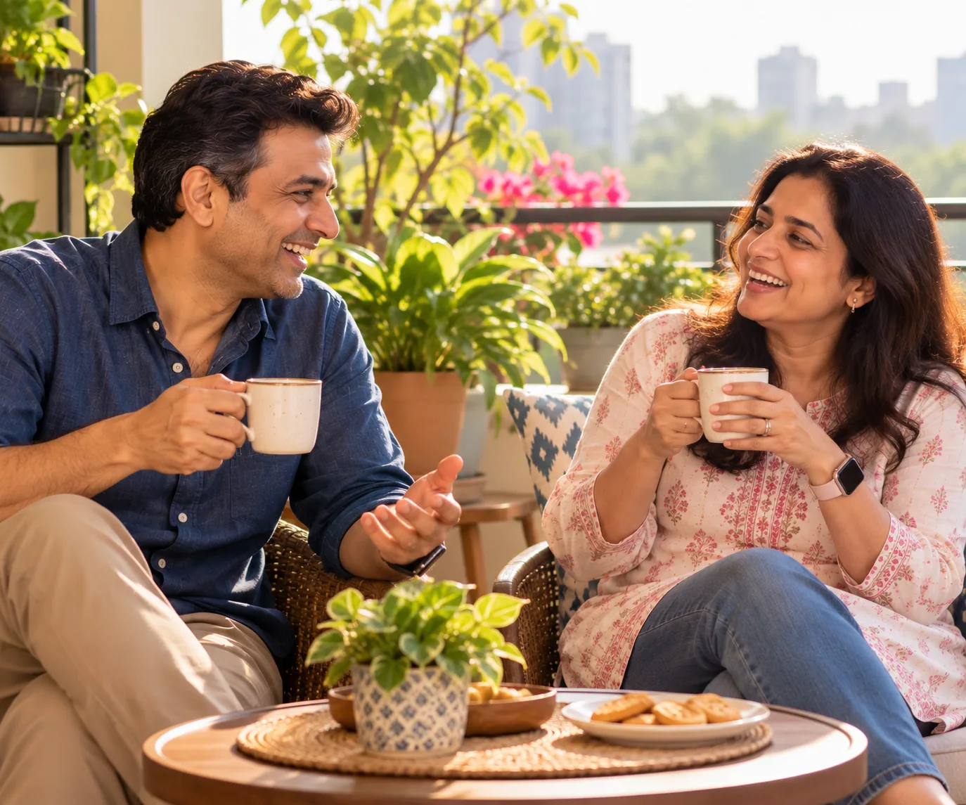 A woman and a man laughing together over cups of chai on a sunny balcony full of plants