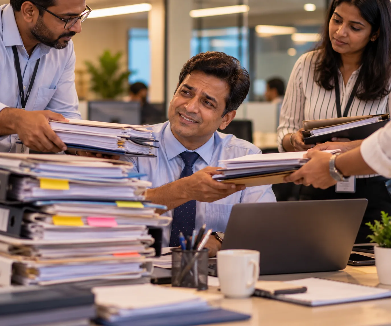 A man at his office desk forcing a polite smile as colleagues hand him more files on top of an already full pile