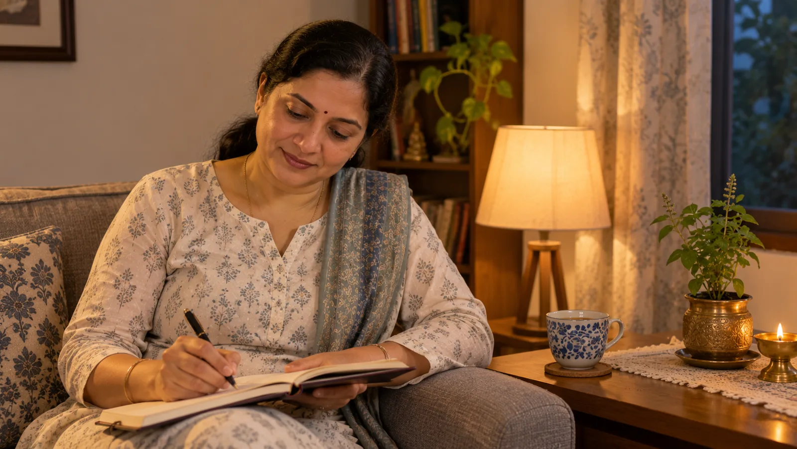 A woman sitting on a sofa in warm lamp light, smiling softly as she writes in a notebook, a cup of tea and a tulsi plant beside her