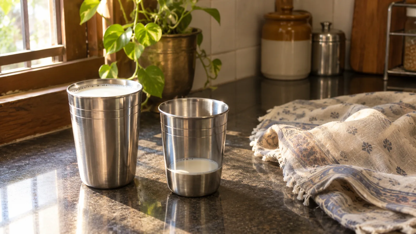 Two steel tumblers of milk on a kitchen counter in morning light, one full and one almost empty
