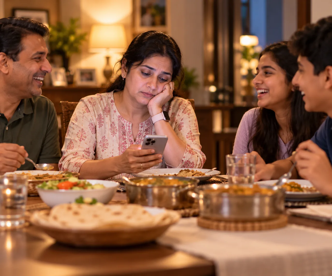 A tired woman looking at her phone at the dinner table while her husband and children laugh and eat around her