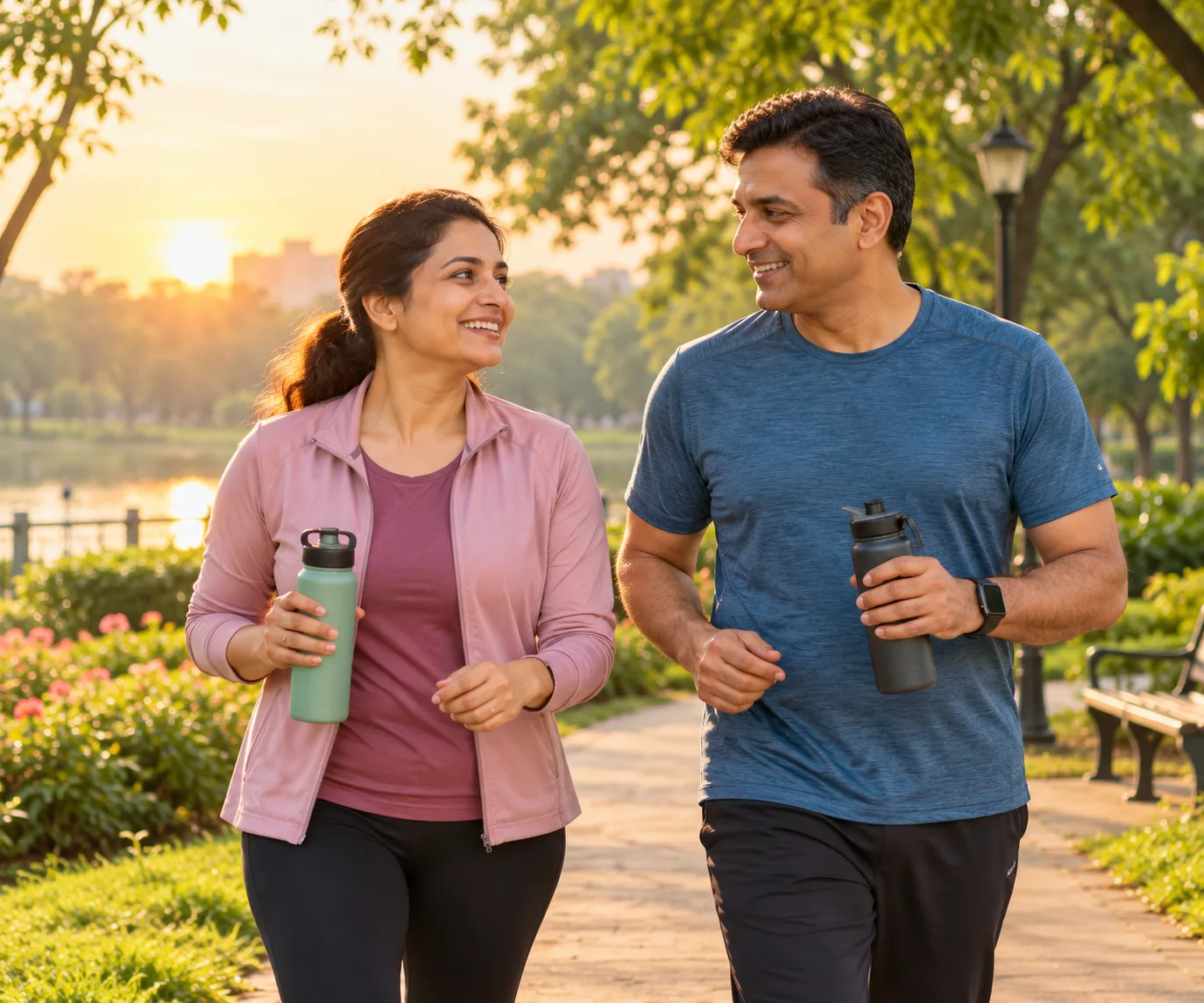 A smiling woman and man walking together in a green park at sunrise, holding water bottles