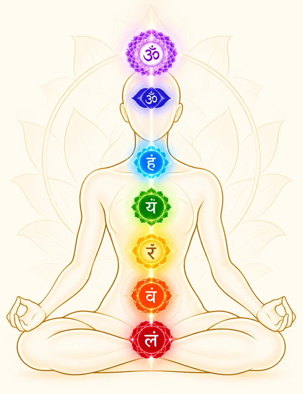 A seated meditating figure with the seven energy centres glowing along the spine, from red at the base to violet at the crown